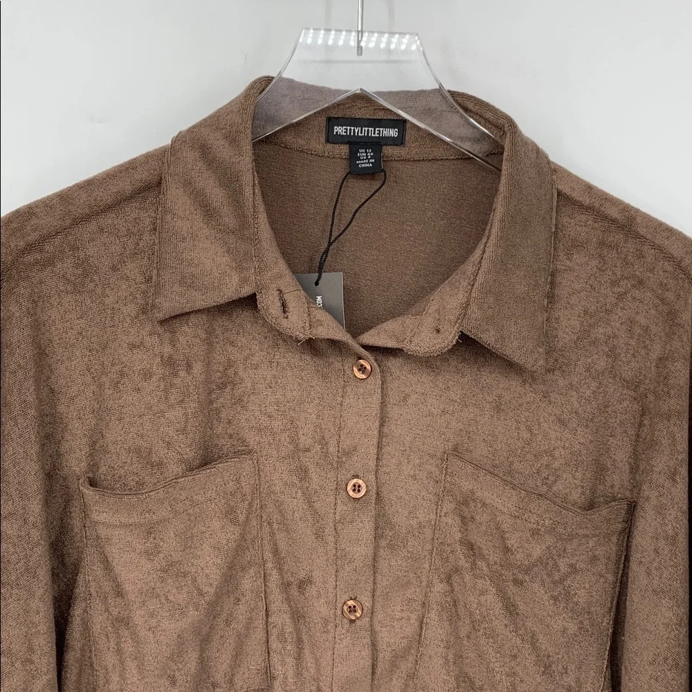 PrettyLittleThing oversized button front cozy terry shirt brown chocolate 8 M